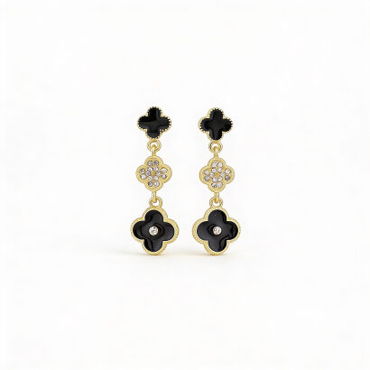 Kolczyki "Nocna Koniczyna" – Złote z Czarną Emalią