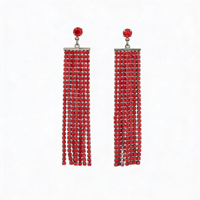 Kolczyki "Szkarłatna Kaskada" – Długie Wiszące Frędzle z Czerwonymi Dżetami
