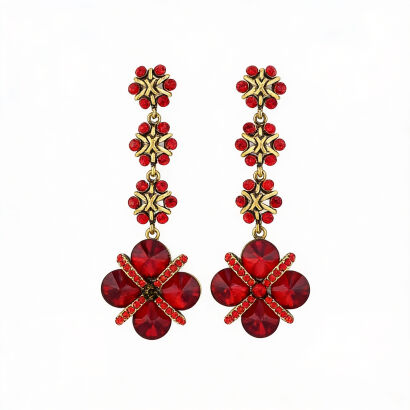 Kolczyki "Karmazynowy Barok" – Wiszące Złote z Czerwonymi Kryształami