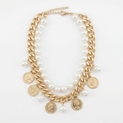 Naszyjnik "Królewski Kontrast" – Perły, Złoty Łańcuch i Monety
